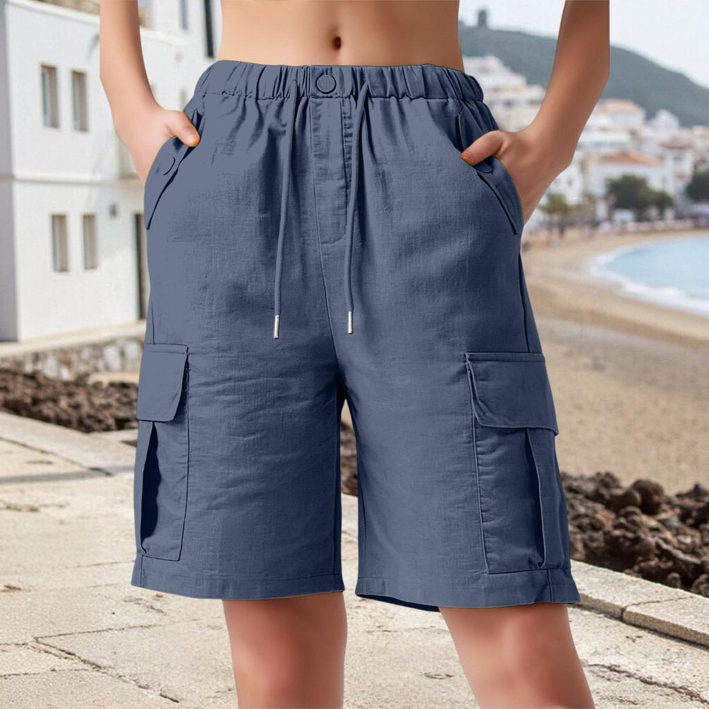 Women's Mid Waist Straight Leg Cargo Shorts Drawstring Pocket Casual Summer Shorts