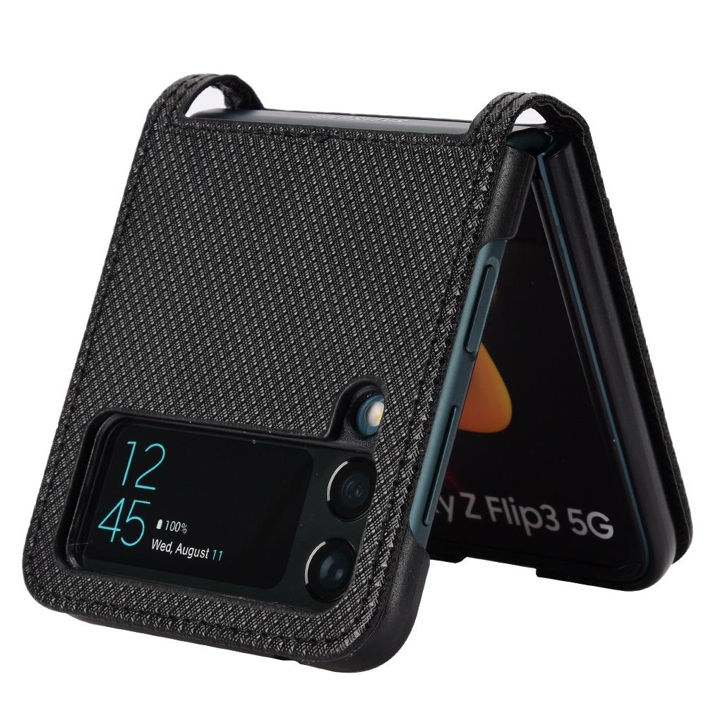 

For Samsung Galaxy Z Flip3 5G Diamond Texture PU Leather Cover Card Holder Folding Phone Case Black