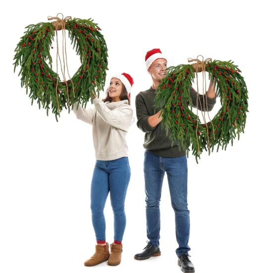 Real Touch Christmas Wreath Red Berries Jute Bow Soft Pine Garland Indoor Outdoor Holiday Party Decor