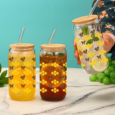 3D-Druck Goldenes Waben Bienen Schmetterlingsmuster Sublimation Glas Trinkhalm Saftglas Flasche mit Bambusdeckel zum Verschenken