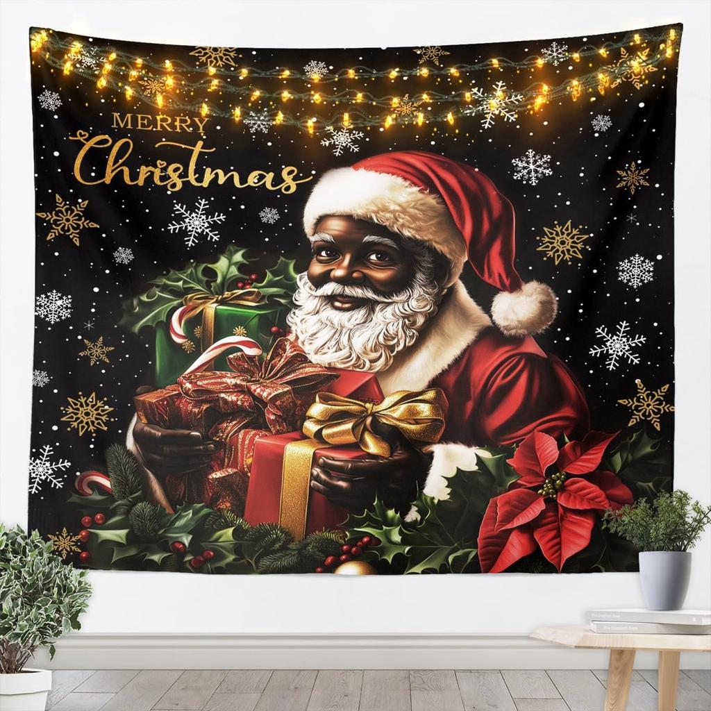 Black Santa Claus Tapestry Afro African American Wall Art Merry Christmas Wall Hanging Blanket for Living Room Bedroom Home
