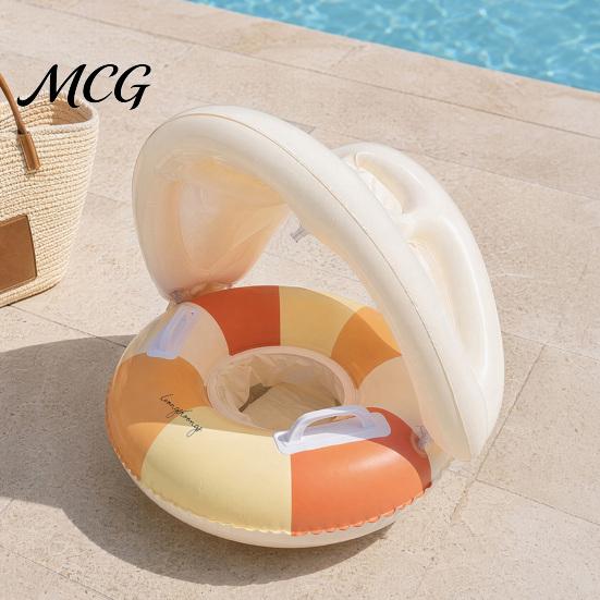 Aufblasbarer Schwimmring Baby mit abnehmbarem Verdeck, Gestreifter Pool Schwimmring Sitz Schwimmgriff, Sonnenschutz Schwimmen für Kleinkinder Kleinkind