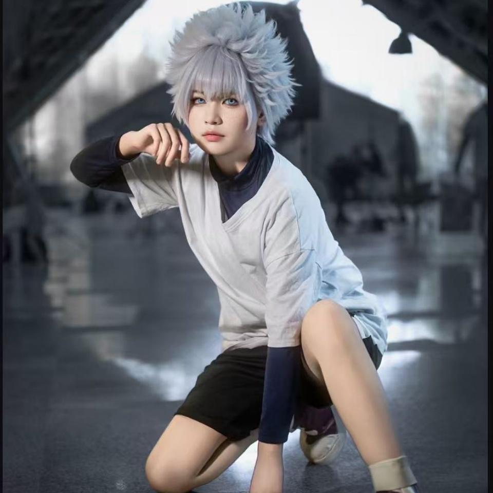 Wetrose Disponibile Costumi Cosplay di Killua Zoldyck Hunter × X Hantaa Kirua Zaoldyeck T-shirt Set Completo Parrucca Halloween Natale Nuovo