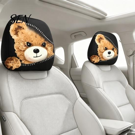 Cartoon Graphic Headrest Protectors Zipper Bear Car Cover, 2D Flat Print Cute Seat Humorous Accessories Protector, Universal Breathable Auto Interior