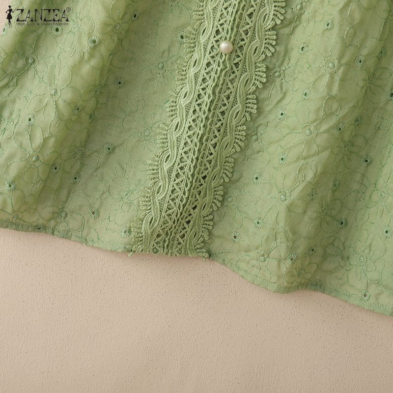 ZANZEA Women Casual V-Neck Lace Crochet Patchwork Loose Short Sleeve Blouse