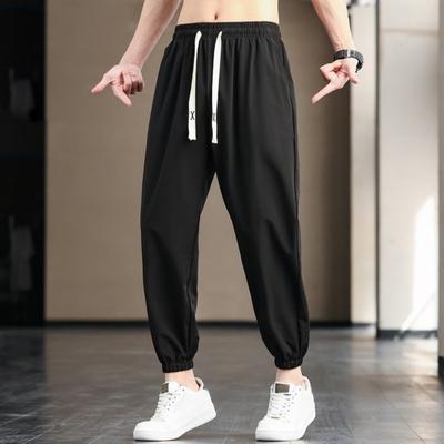 Men Sport Ninth Pants Ice Silk Quick-drying Side Pockets Plus Size Drawstring Elastic Waist Solid Color Gym Traning Jogging Sweatpants Long Harem