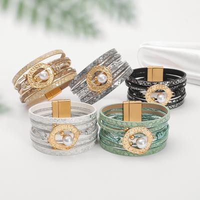 Vintage Simulation Pearl Beads Leather Bracelet Jewelry Boho Multilayer Wrap Wide Bangle for Women