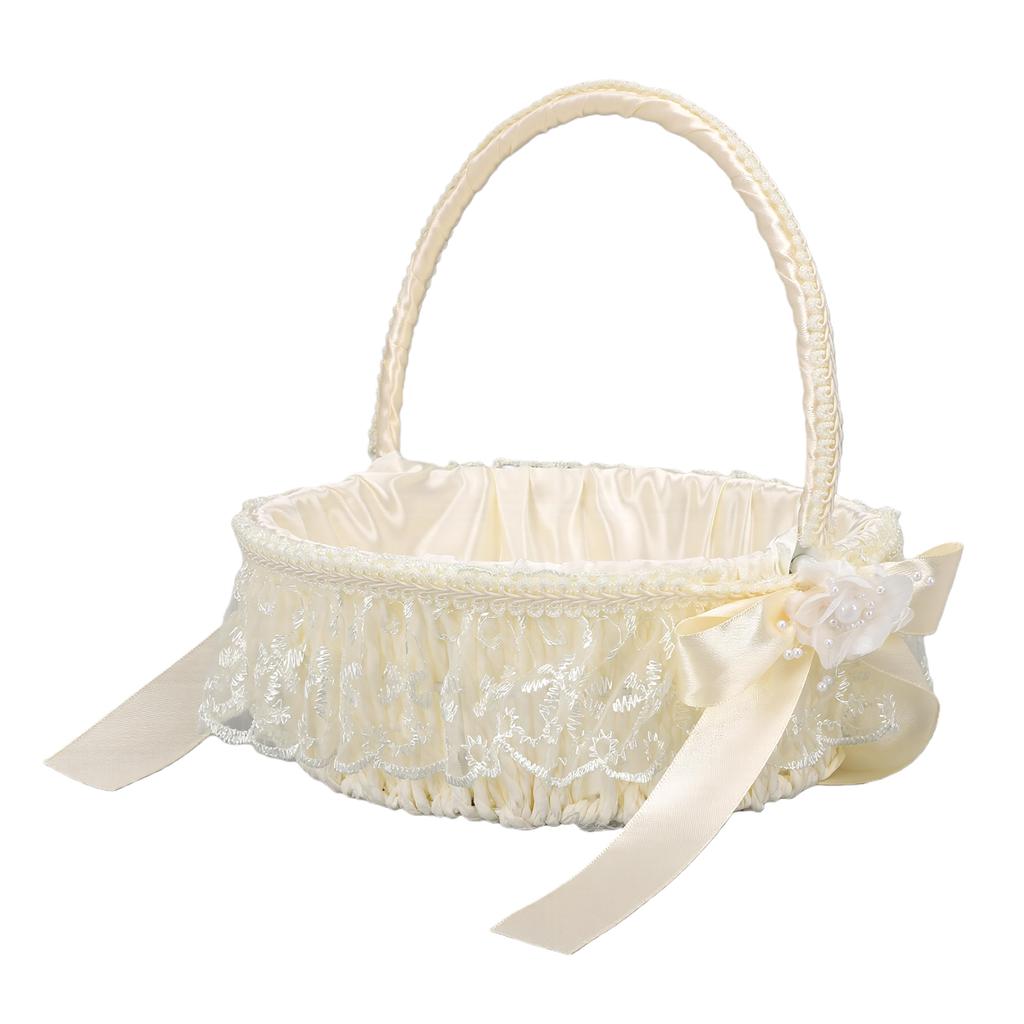 Wedding Flower Basket Elegant Lace Trim Flower Basket with Bow Decoration for Celebration Prop