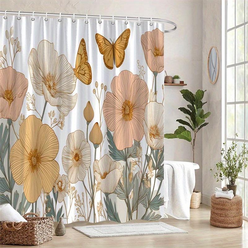 1Pc Vintage Style Peach And Cream Floral Shower Curtain, Polyester Fabric, Machine Washable, Suitable For Bathroom Decoration