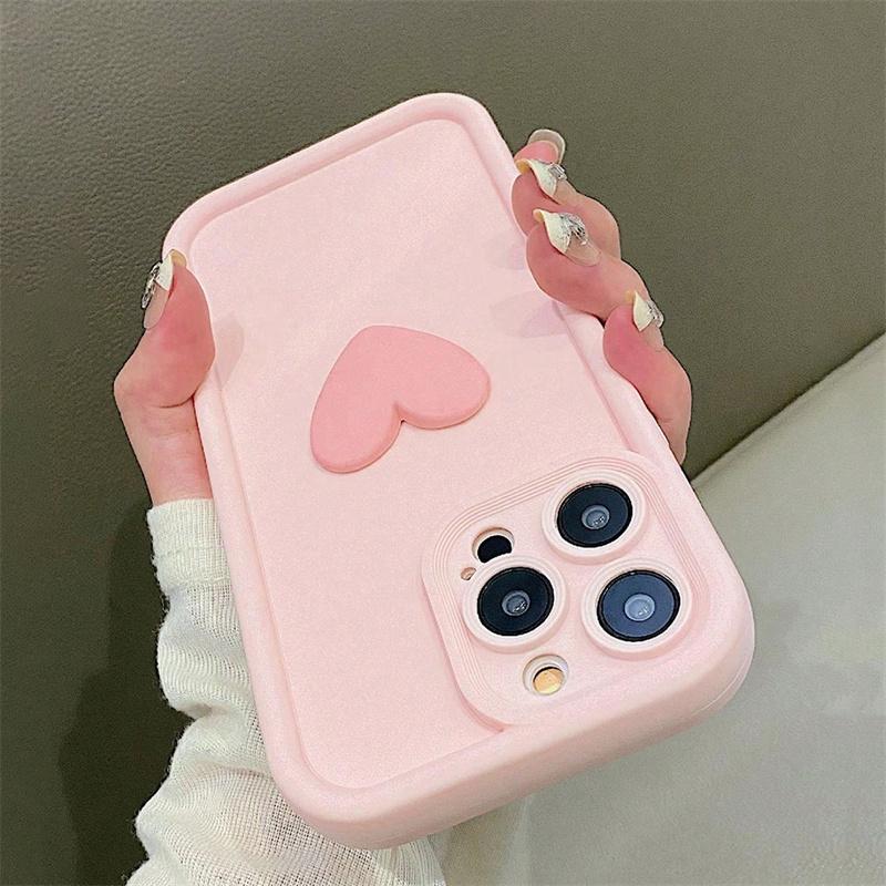 Cute 3D Love Heart Pink Silicone Phone Case for iPhone 16 15 Pro Max 16E 11 12 13 14 15 17 Pro Max 14 Plus 17 Air Matte Cover