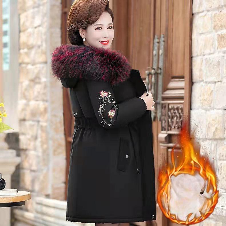 Women's Winter Fleece Padded Jacket Thick Warm Mid-Length Embroidered Hooded Padded Coat