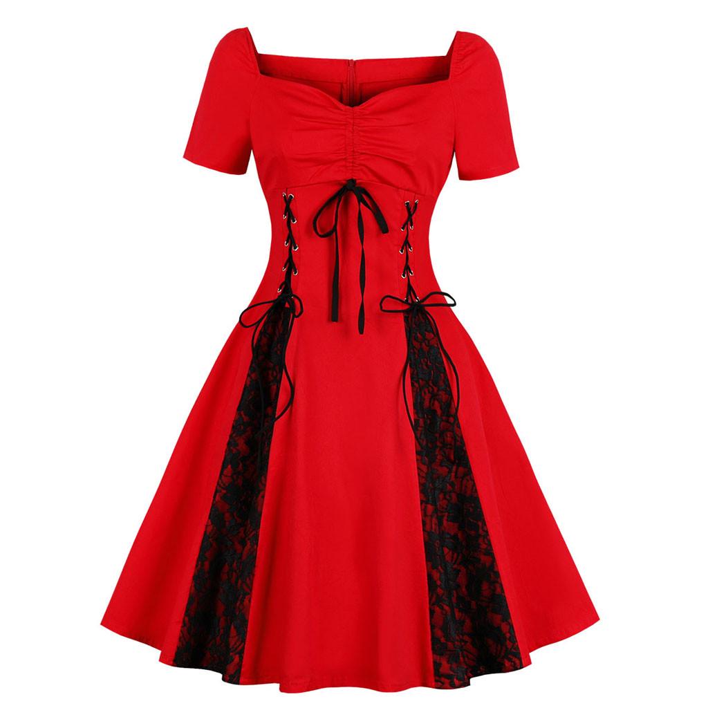 Women Short Sleeve Gothic Solid Lace Rockabilly Evening Prom Swing Punk Dress