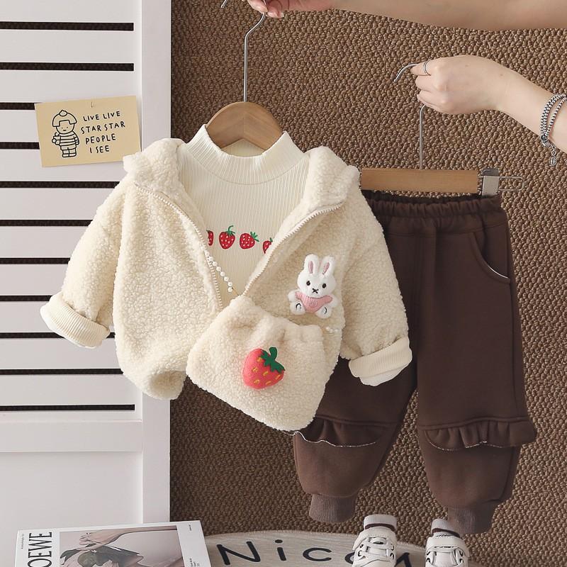 Girls Winter Fleece Strawberry Rabbit Set Cute Hooded 3-Piece Outfit 1-3 Olds