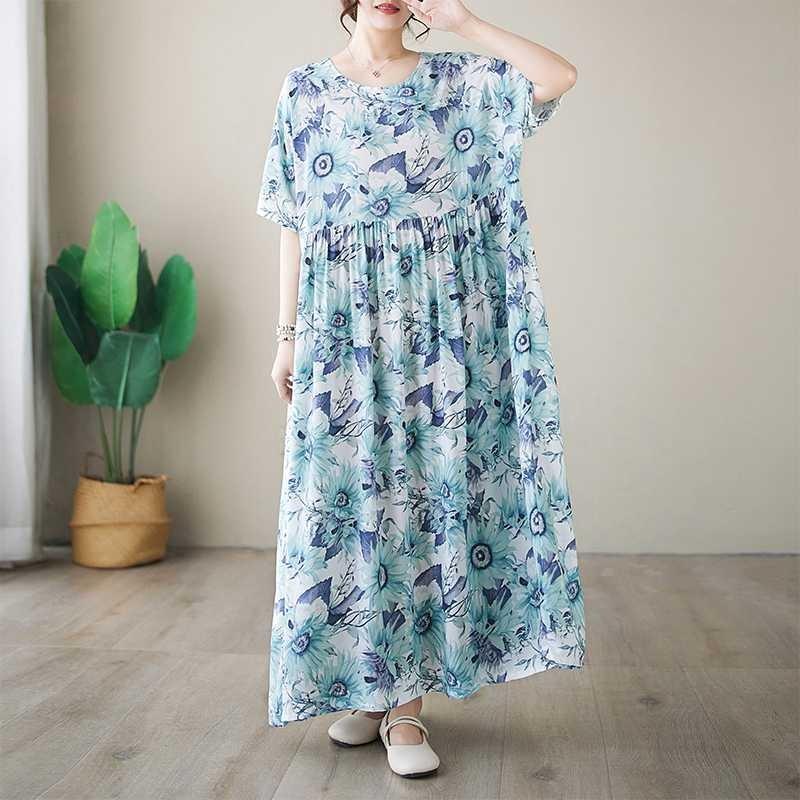 Einfache Mode Sommer Neu Vergrößerte Kurzarm Rundhals Bedruckte Kleider