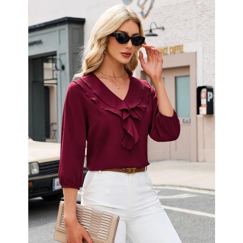 Womens Ruffled V Neck Three Quarter Sleeve Polka Dot Chiffon Blouse