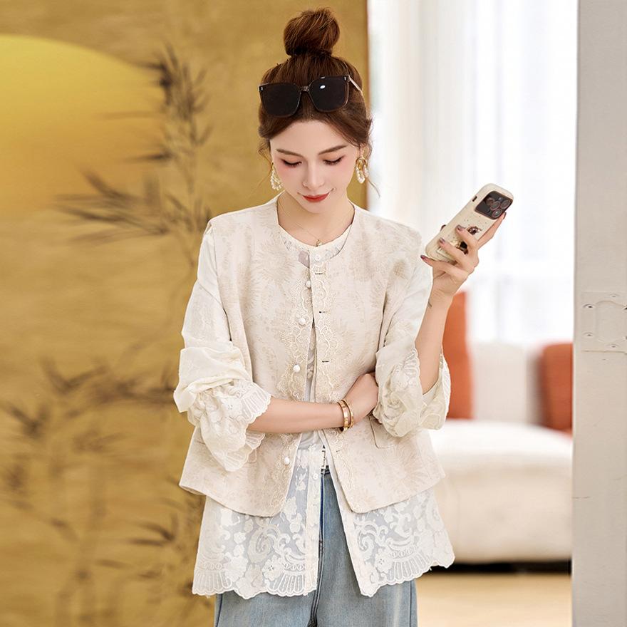 Vest lace shirt two-piece set women's spring new jacquard shirt top vest jacket