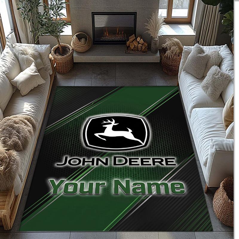 John Deere Crystal Velvet Rug, Custom Name Text Personalized Non‑Slip Floor Mat for Home Decor Gift