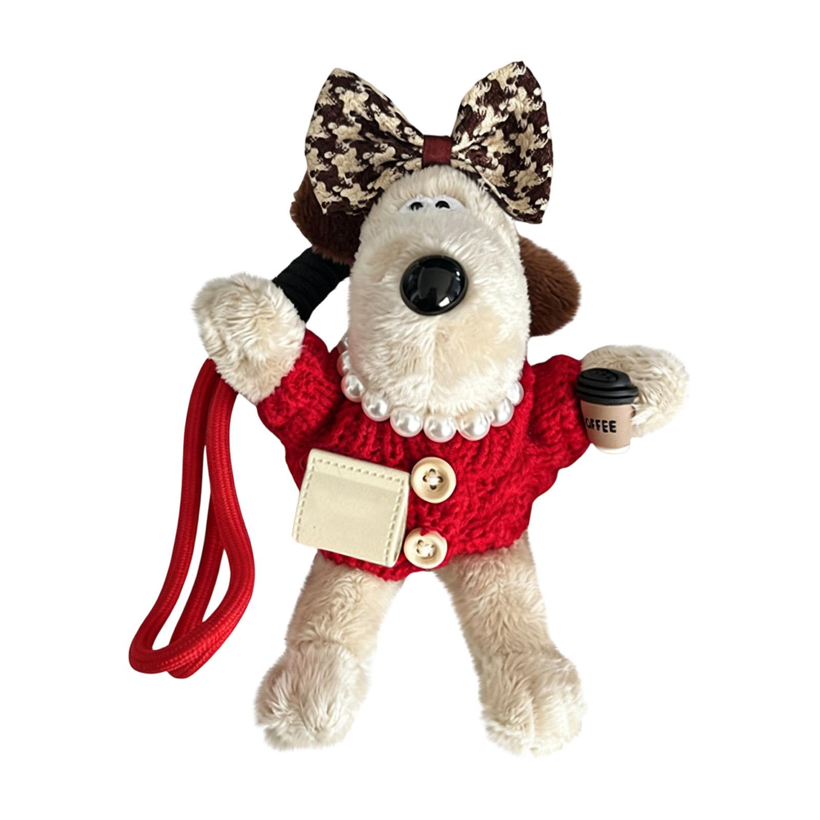 

Plush Dog Keychain with Knit Sweater and Bow Accessory Soft Stuffed Animal Charm for Bags Backpacks and Keys One Size червоний