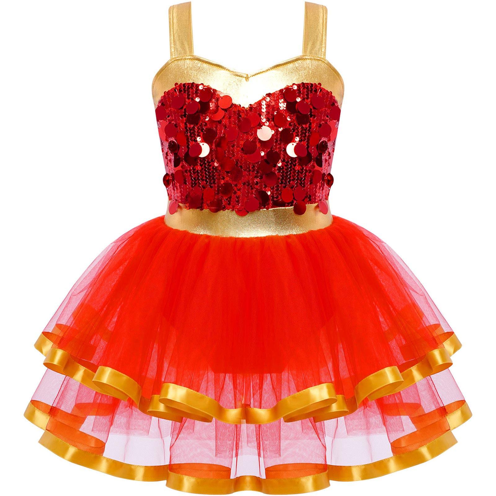 

Girls Dance Tutu Dress Sleeveless Color Block Sparkling Sequins Stage Performance Recital Costume