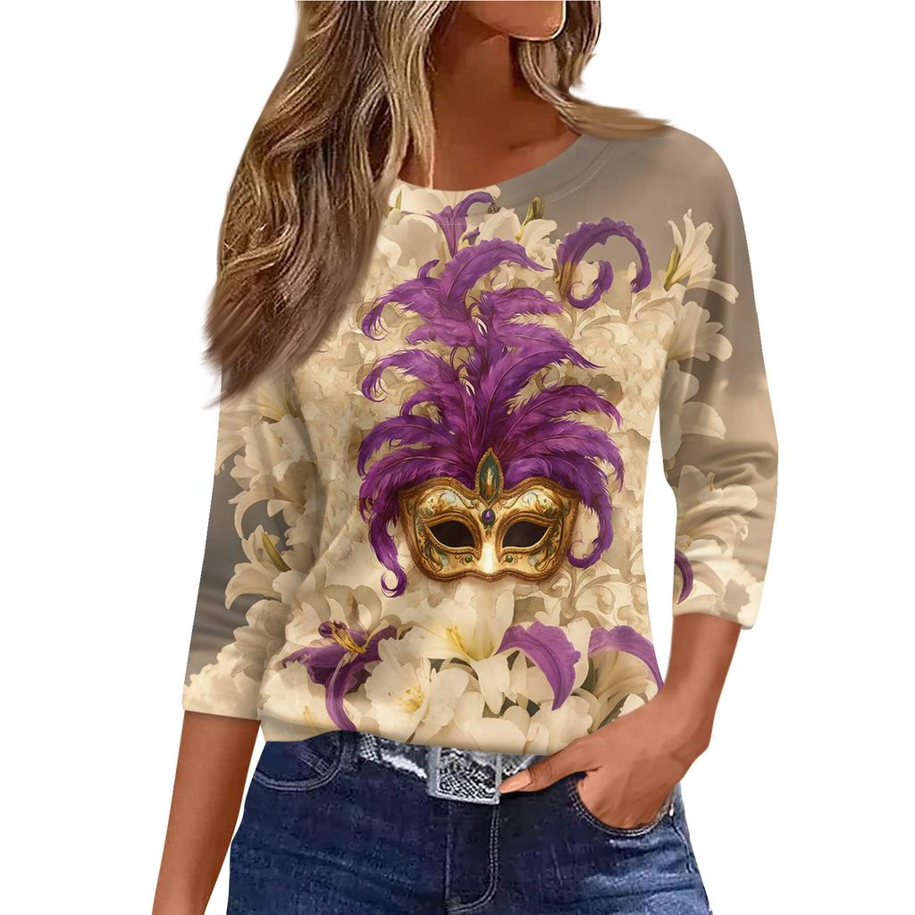 Blusas de mujer con mangas 3/4 largas, estampado floral, estilo vintage, informales, holgadas, con cuello redondo, camisas de talla grande