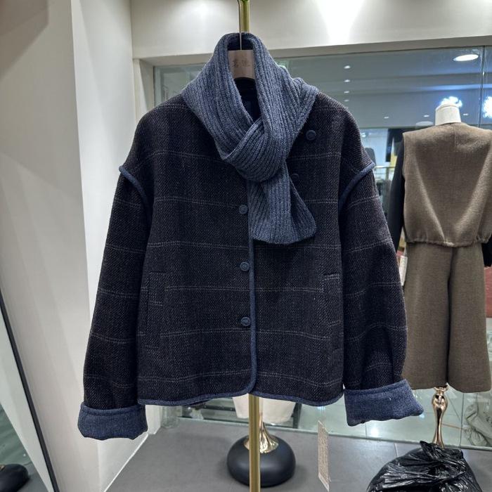 Женский ретро шерстяной короткий пальто - Корейский стиль, Круглый вырез, Теплая подкладка, Маленький размер (Осень/Зима 2025) S