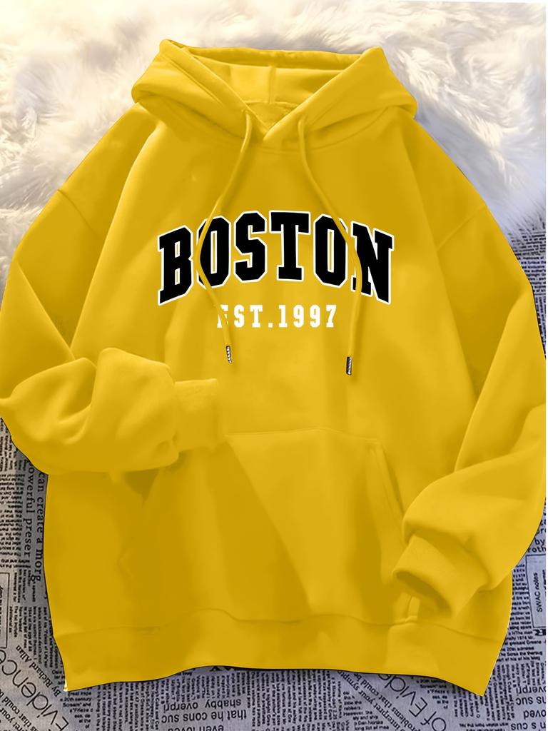 Varsity inspired men hoodie with Boston EST.1997 curved letter printing, Hip Hop Sports campus casual daily sweatshirt