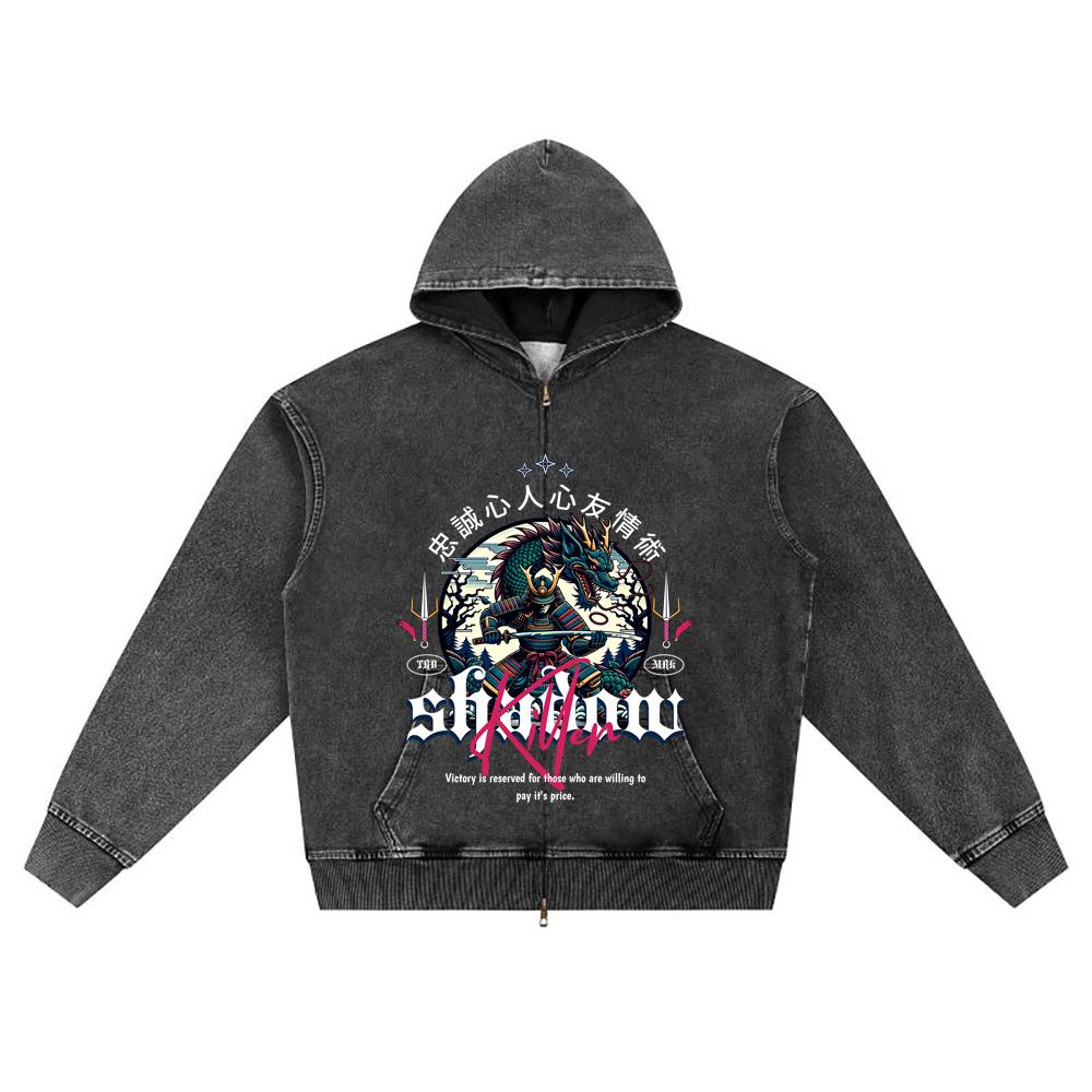 

DTG print Knitted Denim Zip-Up Hoodie Shadow Killer Brother Print Zipper Hoodies S