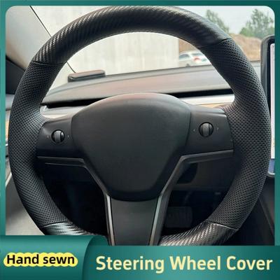 Capa de Volante de Carro Costurada à Mão Couro Fibra de Carbono Para Tesla Model 3 2015- Model Y - Acessórios Automotivos