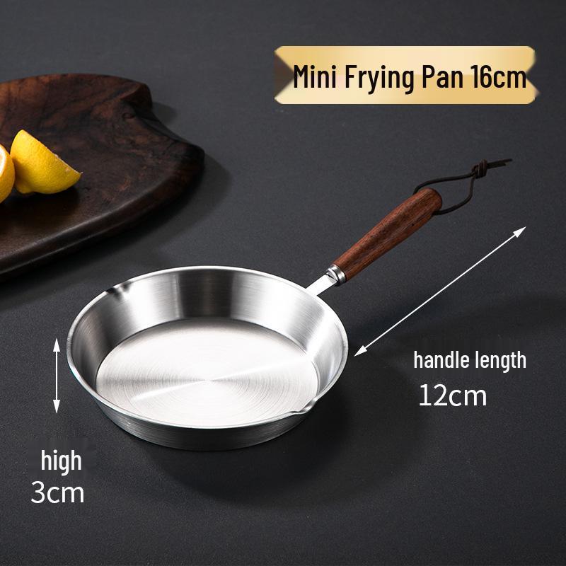 Mini Patelnia ze stali nierdzewnej 304 z płaskim dnem, drewnianą rączką i osłoną przeciw pryskaniu, niepowlekana patelnia do omletów