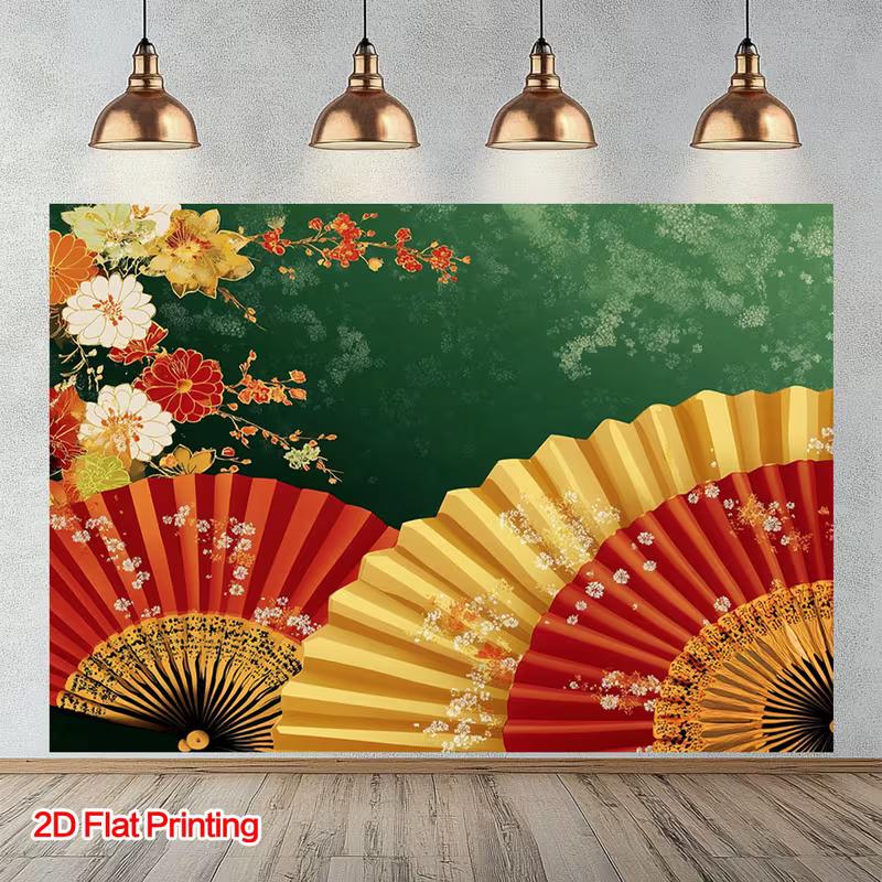 2D Green Background with Red Gold Fans and Asian Florals Tapestry 47.2x31.5inch/120*80cm