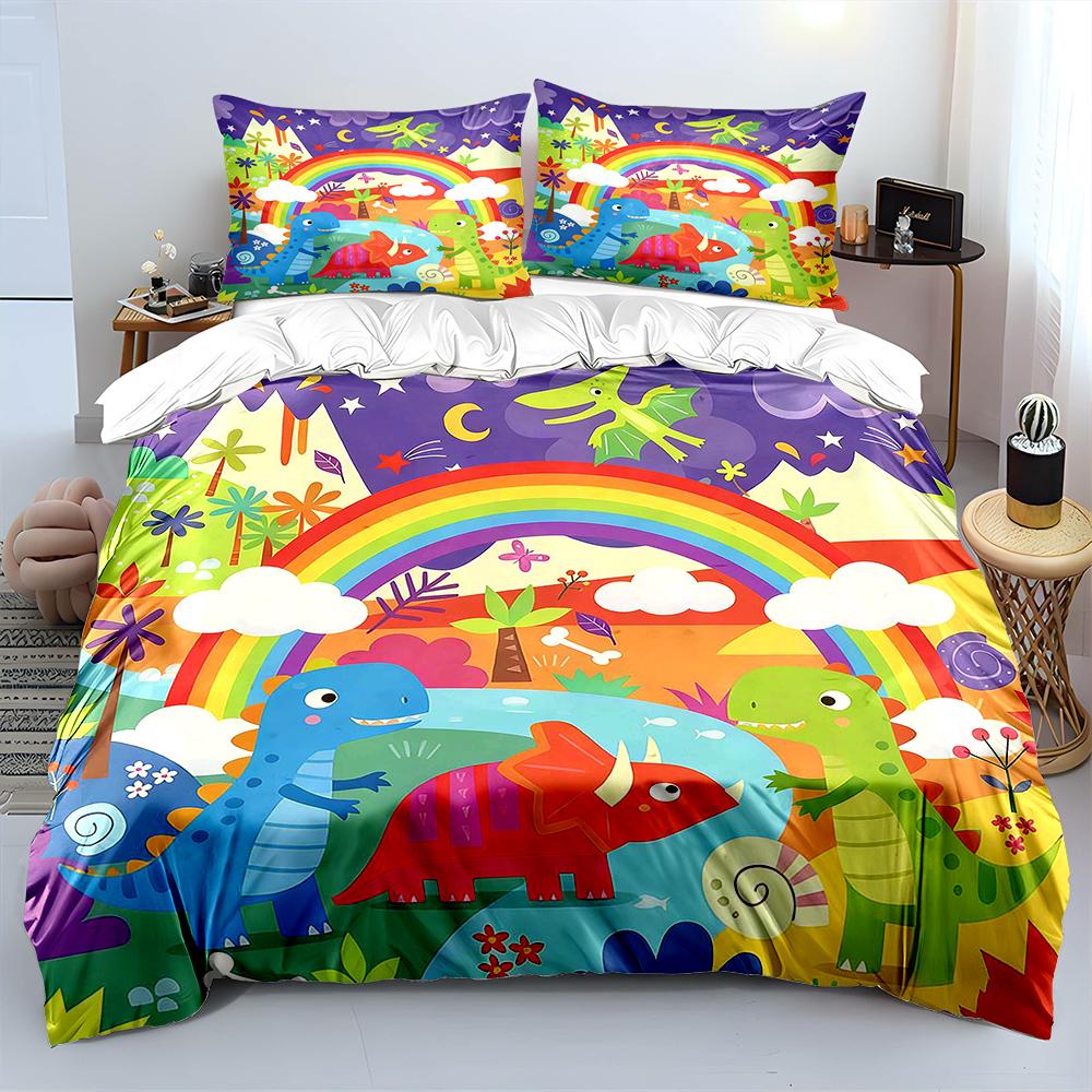 Cartoon Dinosaur World and Rainbow Pattern Duvet Cover Set Digital Print Colorful Polyester Bedding with Zipper Closur