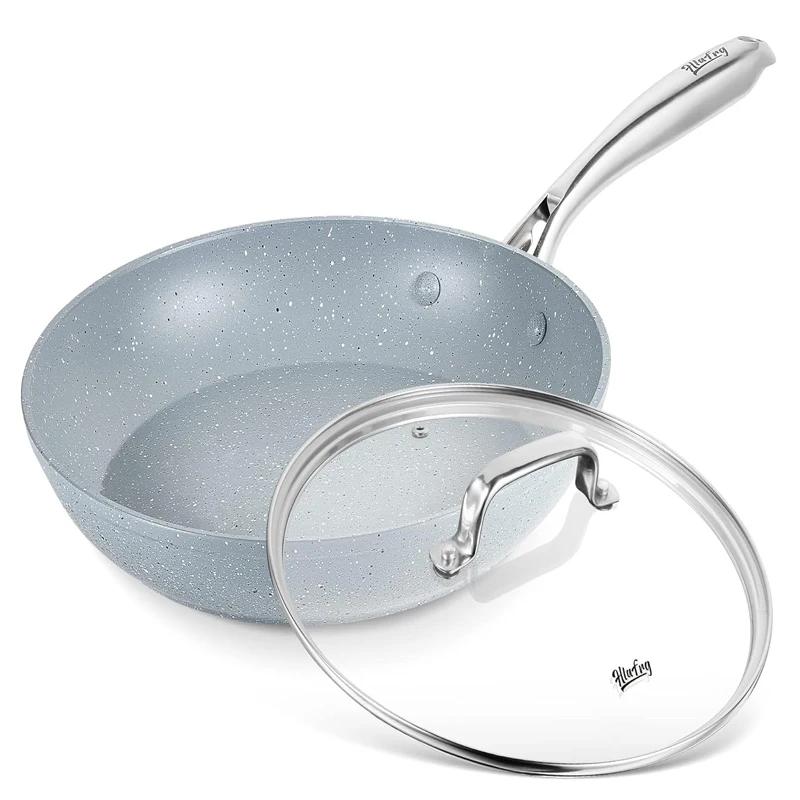 

HLAFRG 8/12inch Frying Pan with Lid Skillet Nonstick Marble Aluminium Cookware with Stainless Steel Handle Induction Compatible