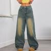 American Vintage Wide-Leg Pants Women Gyaru Embroidered Washed Design High Street Mid-Waist Straight Mid-Mop Pants Jeans