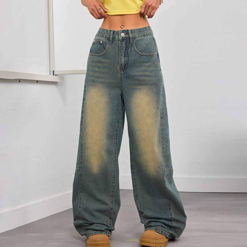 American Vintage Wide-Leg Pants Women Gyaru Embroidered Washed Design High Street Mid-Waist Straight Mid-Mop Pants Jeans