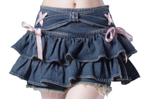 [PureAribon] Plus Size Double-Layered Frilly Denim Mini Skirt with Inner Layer (JP, Alphabet, XL, Denim)