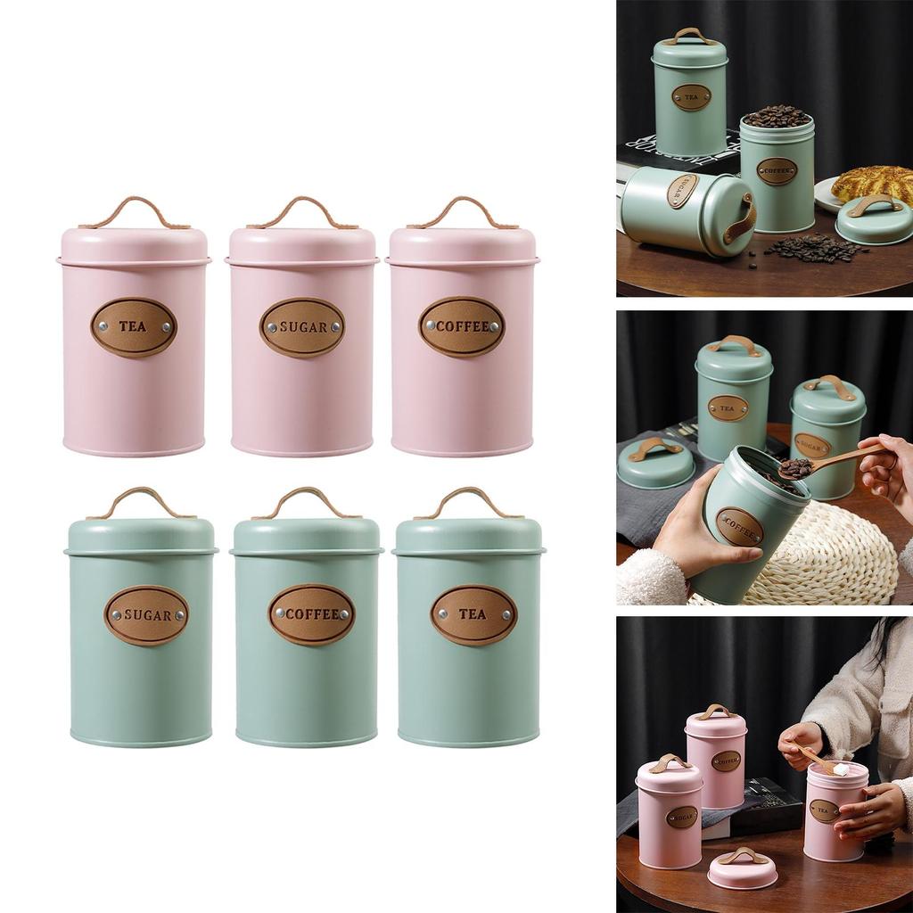 3Pcs Tea Coffee Sugar Canisters with Handle Seal Lid Can Tin Countertop