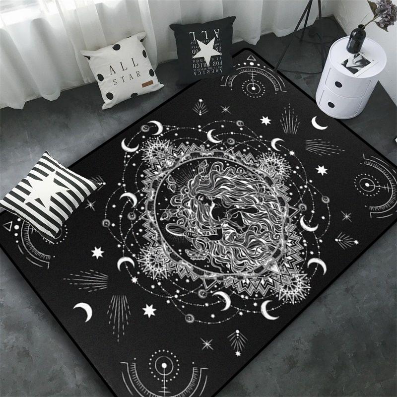 Triple Moon and Pentagram Altar or Tarot Witchy Floor Mat Black Witch Rug Gothic Decor Phases Divination Runic Carpet