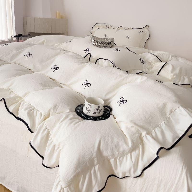 3pcs bow embroidery Bedding set ruffles Duvet Cover Set (1*Duvet Cover + 2*Pillowcase, Without Core)for bedroom guest room
