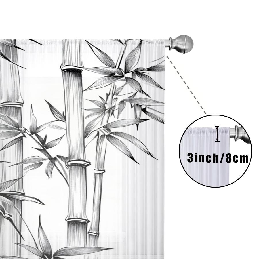 2Pcs Sheer Curta, Black Ink Bamboo Print, Door/Window Curta, Print Curta For Bedroom Decor