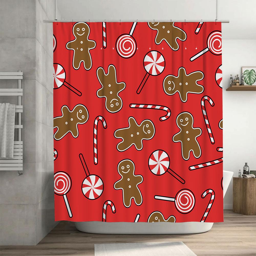 Holiday Gingerbread Candy Shower Curtain Set for Christmas Bath Decor Red Plaid Pattern Bathroom Accessories Home Improvement