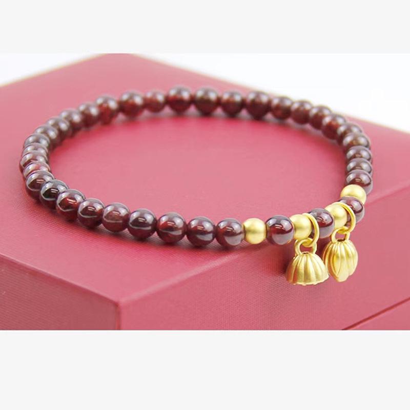 Festive Red Garnet Lotus Bracelet with Lotus Seed Pod Pendant