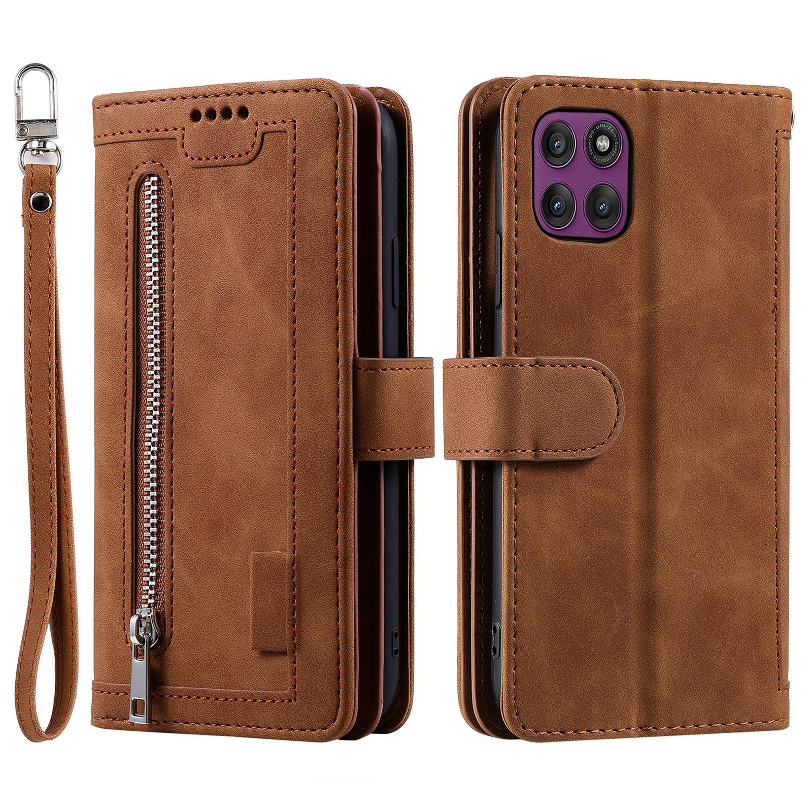 

Чехол для Motorola Edge 60 Pro 5G с 9 отделениями для карт, кошелек на молнии, чехол для телефона из ПУ кожи с ремешком на запястье Brown