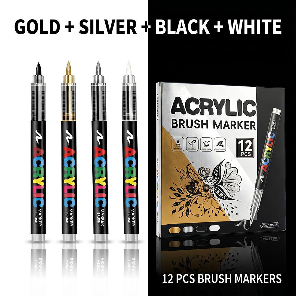 Gold and Silver Direct-Flow Acrylic Markers Art Highlighters DIY Black Card Journaling Pens Soft-Tip Painting Markers