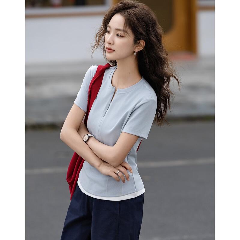 Women's Spliced Slim Fit Half-Open Collar T-shirt