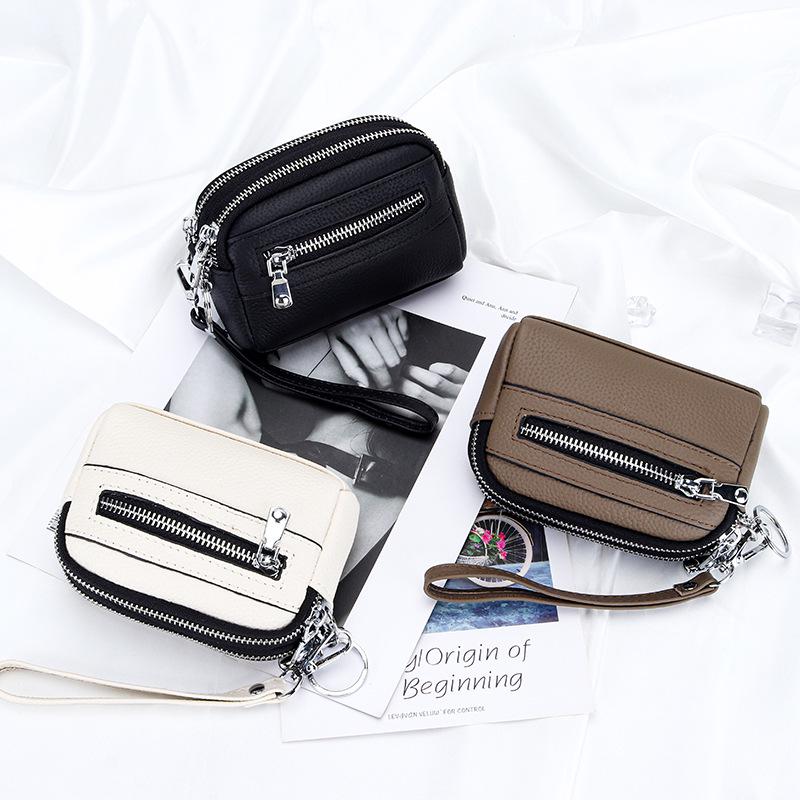 Women's Mini Clutch: Double Zipper Genuine Leather Coin Purse with Large Capacity - First Layer Cowhide