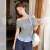 Plaid Fungus Edge Splicing Hem Short-sleeved T-shirt Women's Summer New Swinging Neck Pleated Thin Scarf Small Top