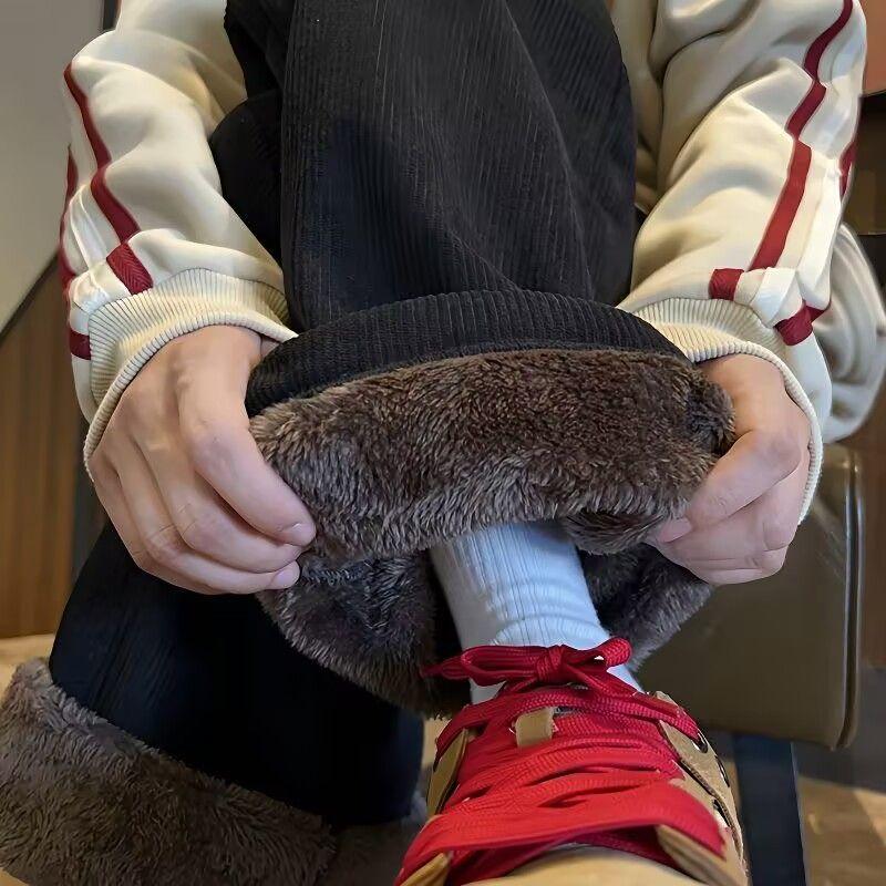 Winter Corduroy Thickened Pants Men's Loose-Fit American Style Straight-Leg Sweatpants Lamb Fleece Cold-proof Heavy Trousers