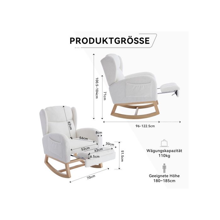 Fauteuil à bascule, fauteuil inclinable, repose-pieds réglable, dossier haut, avec pochette de rangement, blanc