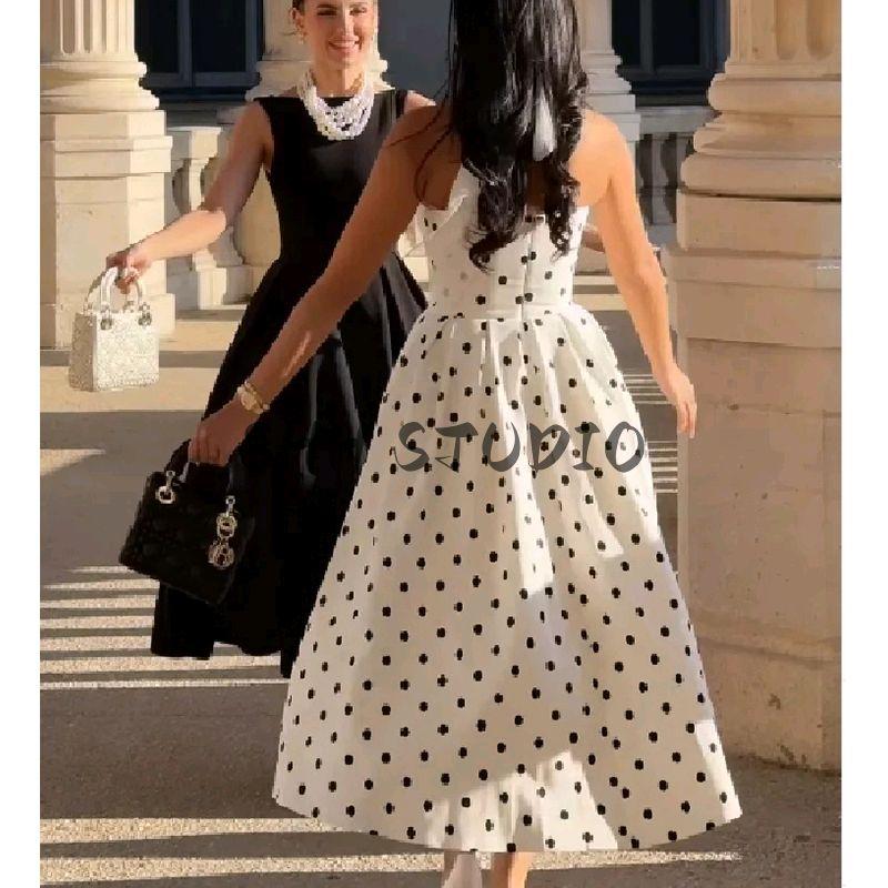 New Product Women's Clothes French Style Sweet and Spicy Style Tight Waist Slim Looking Polka Dot Print Mid Length Long Length A- Line Tube Top Dress
