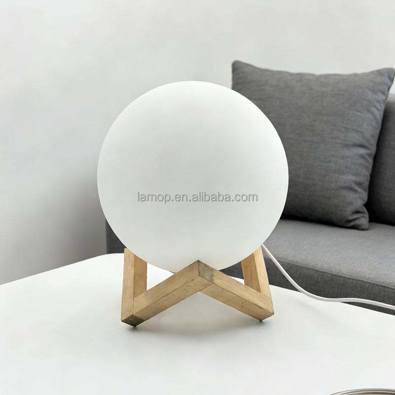 White Frosted Round Ball Night Light with Wooden Stand for Homestay Tabletop and Bedroom Bedside Ambient Decoration